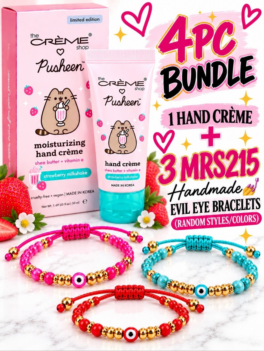 The Creme Shop x Pusheen Strawberry Hand Crème + 3 MRS215 Evil Eye Bracelets